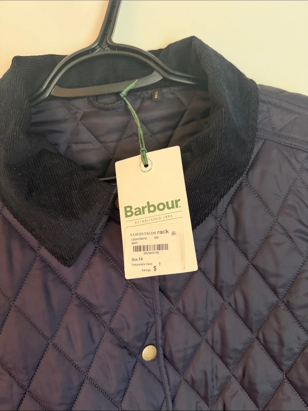 Barbour Quilted Puffer Jacket in Navy with Black Cord Collar - Picture 2 of 7